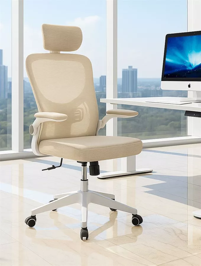 כסא מנהלים עם ידיות מתכווננות ומשענת ראש דגם XP-32 צבע לבן-חאקי ***ללא אריזה מקורית