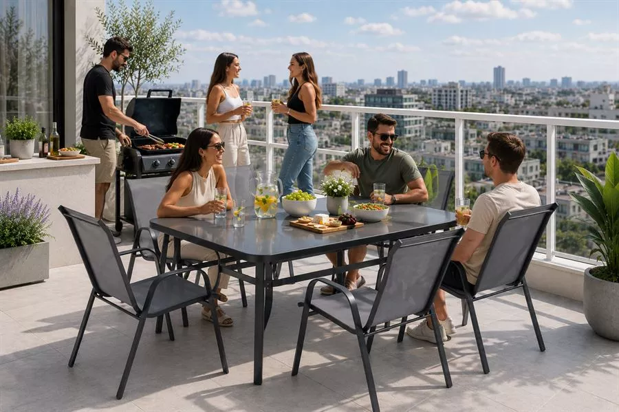 שולחן לפינת אוכל + סט 6 כסאות לחצר ***אריזה פגומה