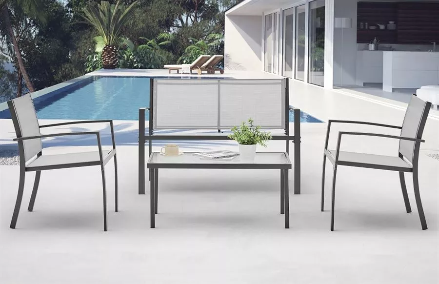 סט ריהוט גינה ארבעה חלקים כולל שולחן תואם דגם SANTORINI צבע אפור סילבר מתצוגה ועודפים